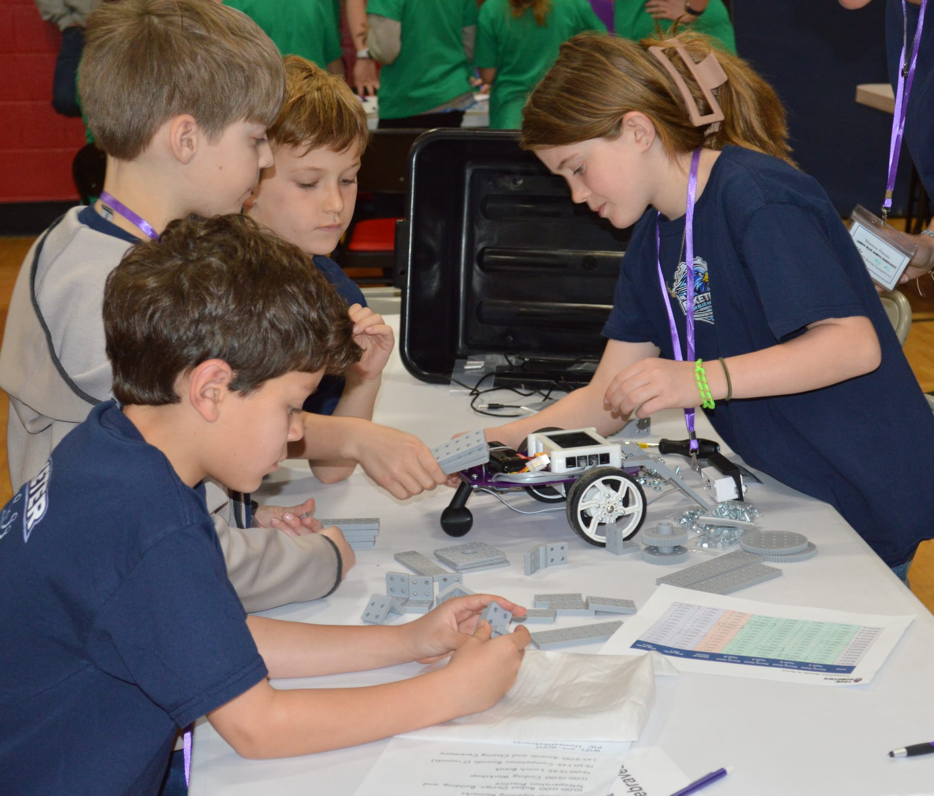 Four students crowd around a build table sorting gray FlexForge plates beside a half built purple robot