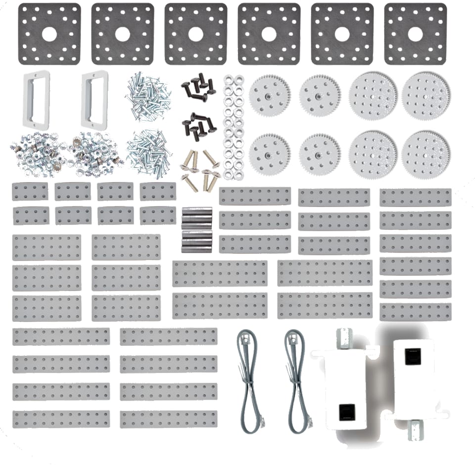 FlexForge Enhanced parts laid out: six square motor plates, eight gears, brackets, axles, many beams and plates of several lengths, screws, nuts and two motors with their cables
