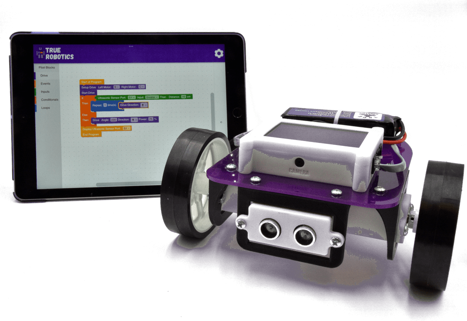 Pilot Robot Kit for grades 3-5 next to a tablet running True Robotics Playground