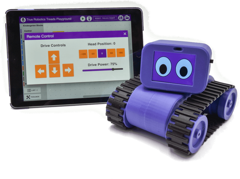 Treads Robot for grades K-3 next to a tablet showing the Treads Playground drive controls