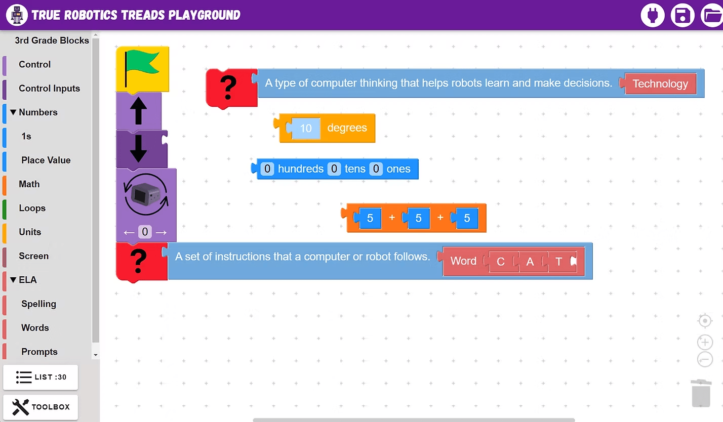 A picture block program for grades K-3 with a place value block, an addition block and a spelling block in it.