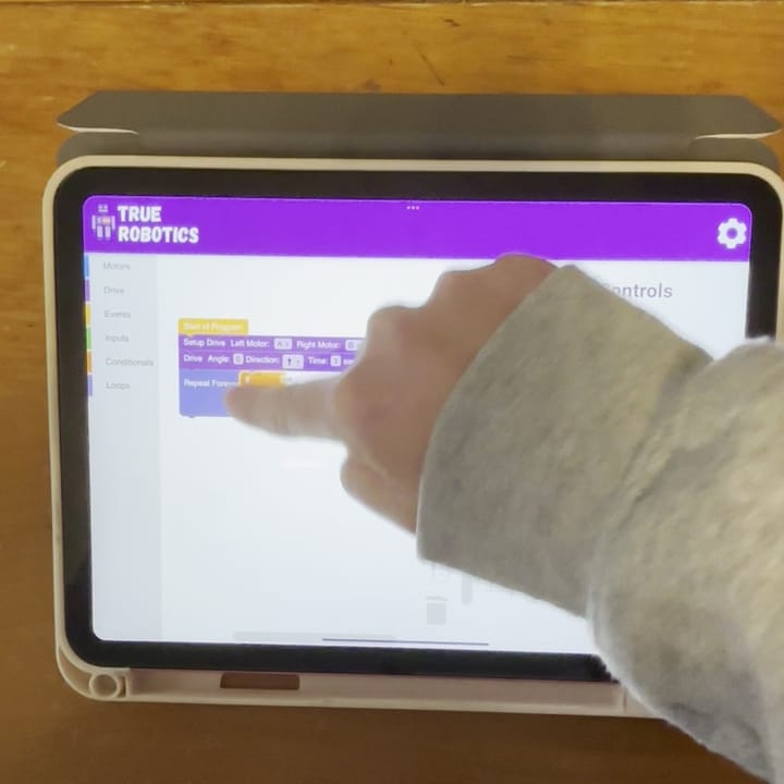True Robotics Playground open on an iPad on a wood table, with a block program in the workspace